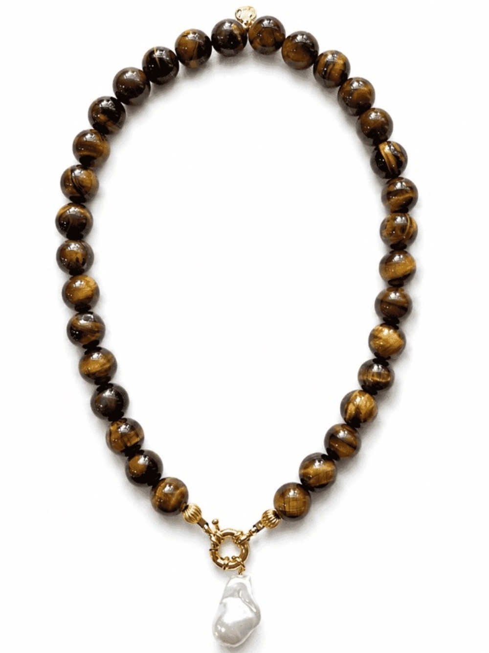 NEW Mayamar Tiger Eye Brown Beaded Pearl Drop Gold Clasp Necklace Boho Coastal